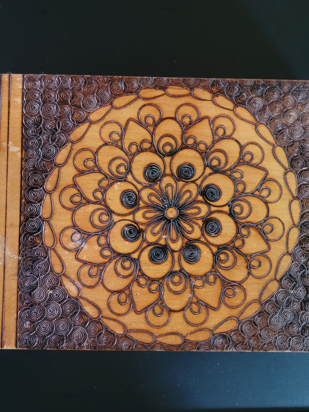 Handmade Wooden Box with Intricate Mandala Inlay - Brown and Black